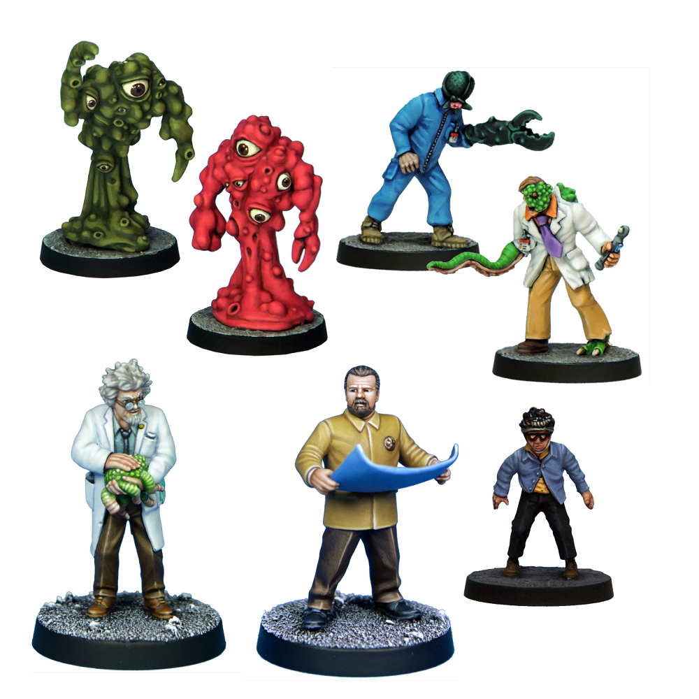 Mad Science Starter Cast. A set of 8 white metal miniatures featuring monsters, creatures, and scientists. Supplied unpainted with 25mm round slot bases.
