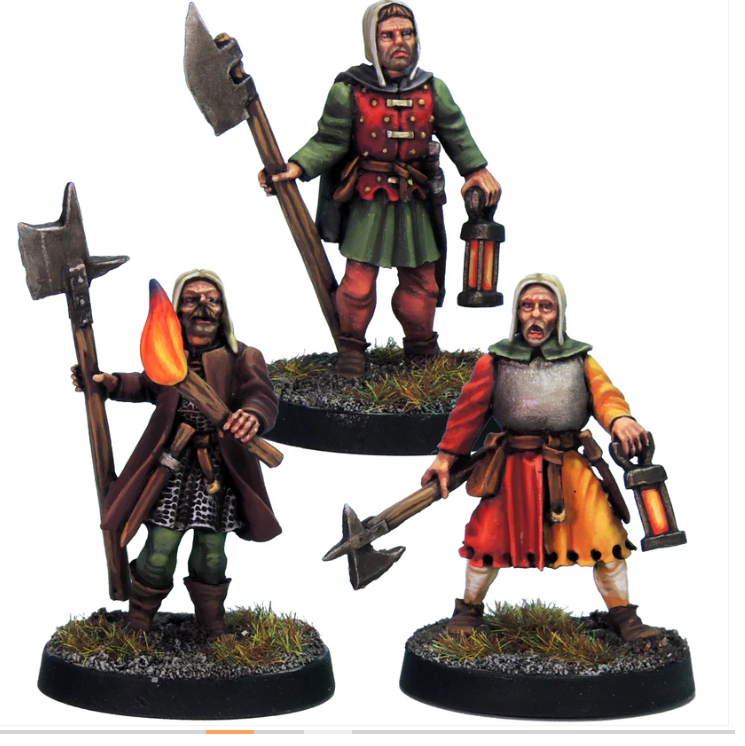 Men At Arms Guards by Crooked Dice, a pack of three white metal 28mm scale miniatures for your tabletop games representing towns folk guard with poleaxes