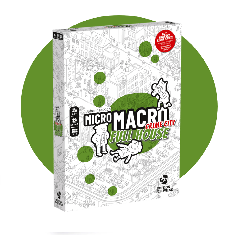 The board game box for Micro-Macro Crime City Full House shown on a white background with a large green circular graphic behind it. The box features a white and black isometric city map design with green circular accents and cartoon characters.