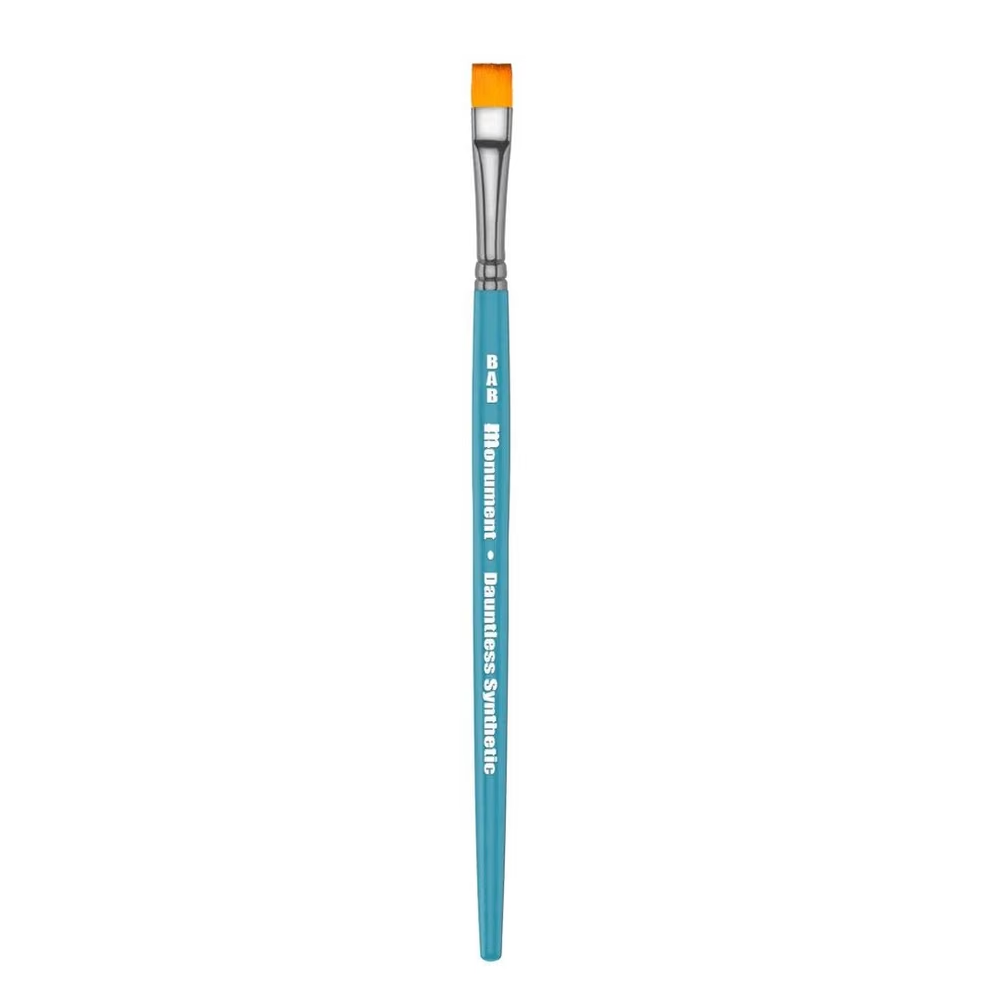 A single flat-tip synthetic paint brush with a turquoise blue handle, silver ferrule, and orange bristles, shown vertically on a plain white background. The brand name 'BAB' is printed in white on the handle. Monument Hobbies Dauntless Synthetic Paint Brush