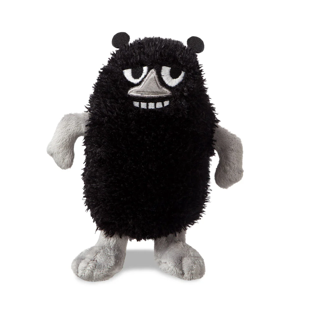 Black and gray plush toy with a round body and large eyes on a white background. Moomin Stinky plush