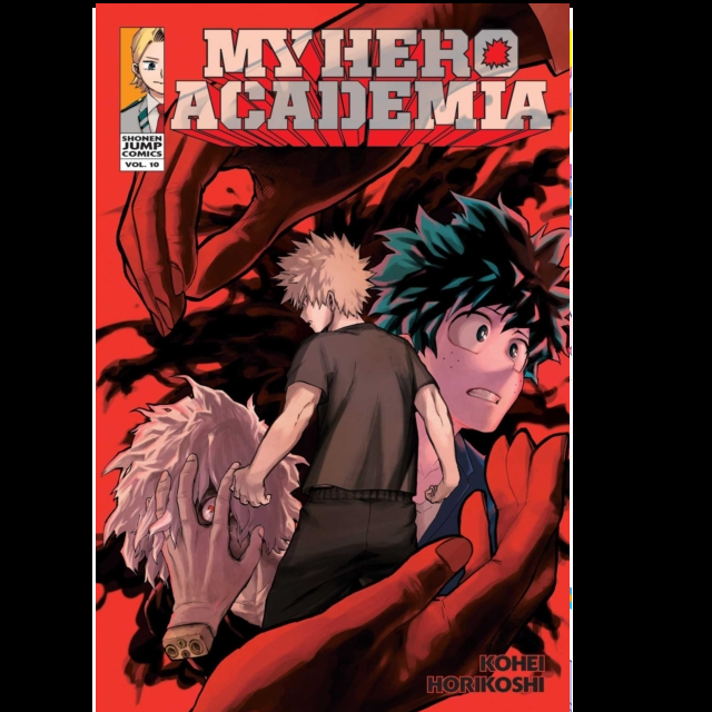 My Hero Academia, Vol. 10. Comic book cover of 'My Hero Academia' with two characters on a red background