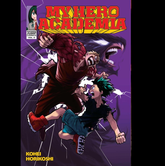 My Hero Academia, Vol. 9. Comic book cover of 'My Hero Academia' with intense action scene on a purple background