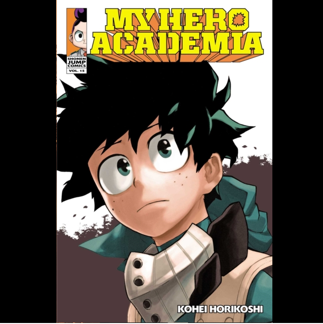 My Hero Academia Volume 2 comic book cover by Kohei Horikoshi, featuring the title in bold yellow letters at the top and an illustration of the main character with spiky black hair and a concerned expression.