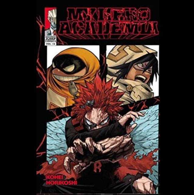 My Hero Academia Volume 16 comic book cover published by Jump Comics, featuring the main characters Deku Midoriya, Eijiro Gemma, and Tsulip Todoroki in a dynamic action pose against a black background.