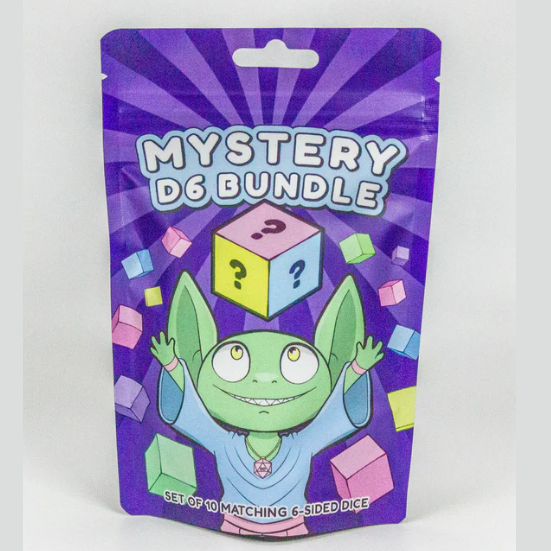 Mystery D6 Bundle. A blind bag containing 10 matching six-sided dice, perfect for wargaming, board games, and dice collectors. Available in pipped or numbered styles.