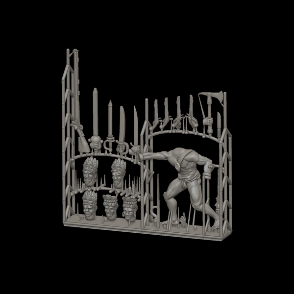 Port Royal Native American Character Sprue. 3D model of a warrior with a cage and severed heads on a black background