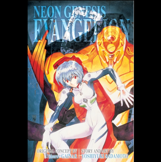 Poster of 'Neon Genesis Evangelion' with a character in a dynamic pose against a colorful background.