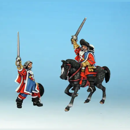 Two toy figures of men in historical attire with swords on a gradient blue background. Charles de Batz de Castelmore d'Artagnan metal miniatures