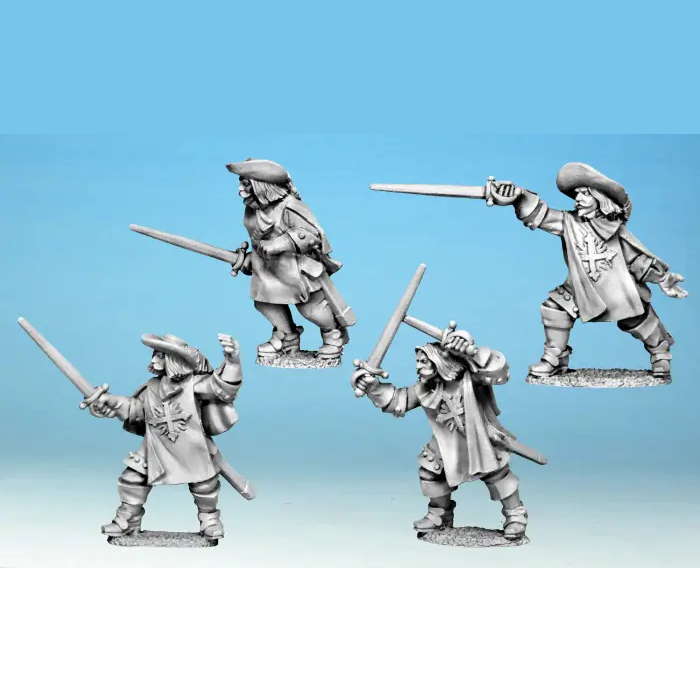 Four metal figurines of pirates with swords on a gradient blue background. North Star The King's Musketeers 28mm metal historical miniatures set