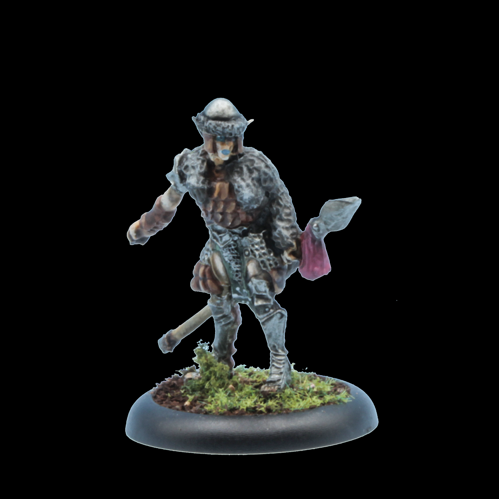 Miniature figurine of a warrior with armor and spear on a clear base