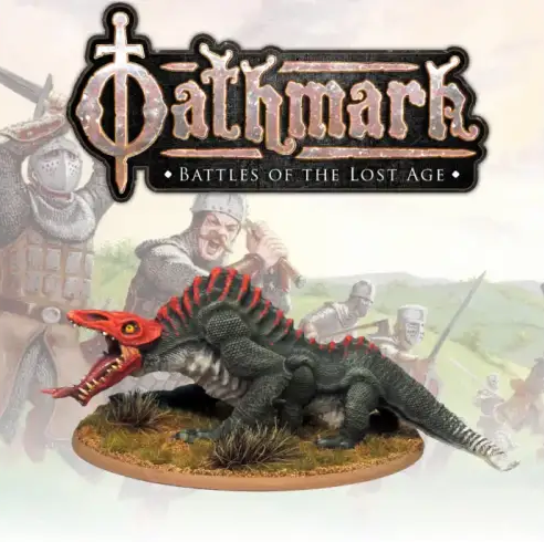 A painted fantasy creature miniature displayed on a round base with grass and dirt textures, with the large 'Oathmark: Battles of the Lost Age' logo above and a faded medieval battle scene in the background. Oathmark Surma - Metal Miniature Blister