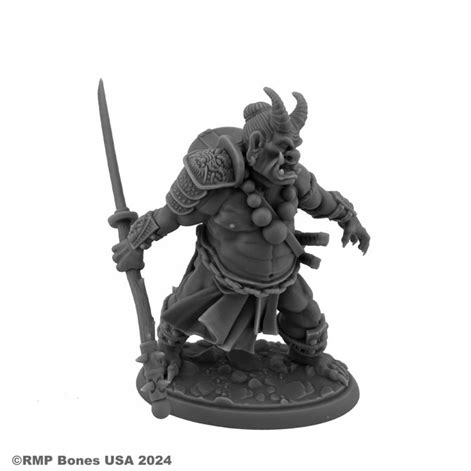 Unpainted figure of Ogre Magi 07143 by Jason Wiebe from the Bones USA Dungeon Dwellers range. Features a detailed pose with a staff, armour, and textured base