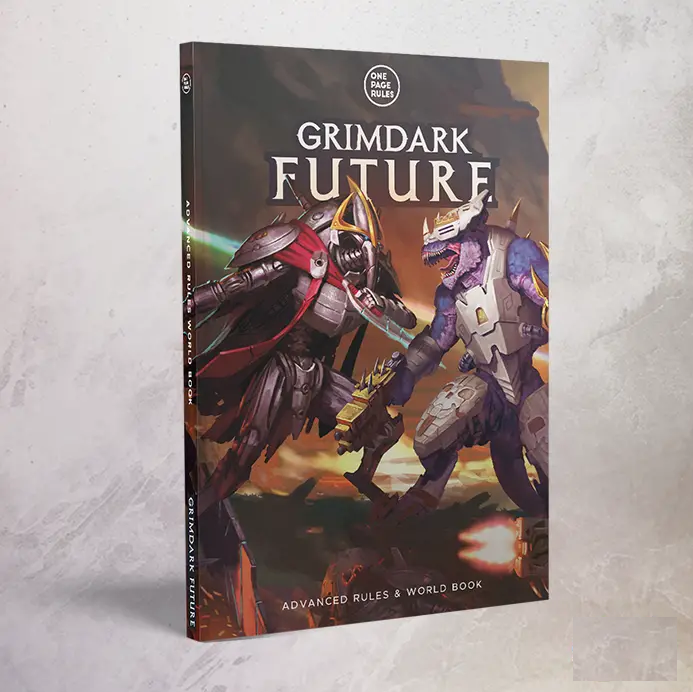 A hardcover book titled 'Grimdark Future' stands upright against a light grey textured background. The cover features fantasy artwork of two robotic creatures in battle, with the 'One Fine Rules' logo at the top. One Page Rules Grimdark Future Advanced Rules and World Book hardback