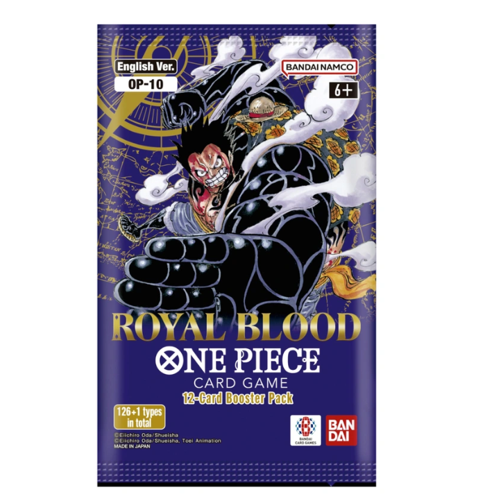 One Piece Card Game Booster Pack Royal Blood includes 12 random cards from 126+1 types. Enhance your collection with new "Punk Hazard" themed cards.