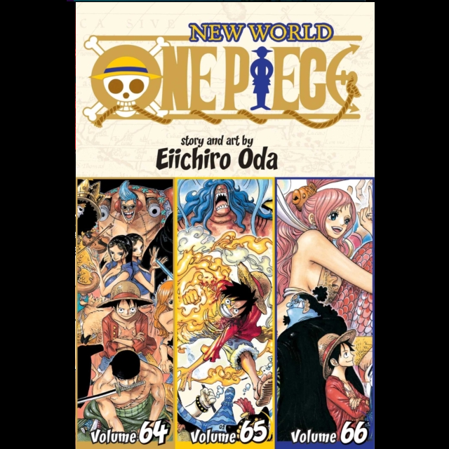 One Piece Omnibus Edition Vol 22 three panels on the bottom of the book show different scenes. one has a man with a sword in his mouth, one has a child holding a flaming fist and jumping up to punch and the last has a mermaid with pink hair