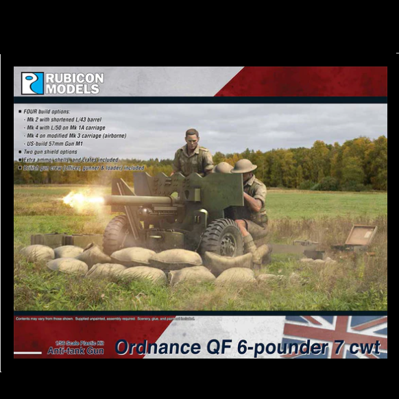 Rubicon Ordnance QF 6 Pounder 7cwt 1/56 Plastic Kit. Model of an Ordnance QF 6-pounder 7 cwt artillery piece with soldiers and a Union Jack flag in the background.