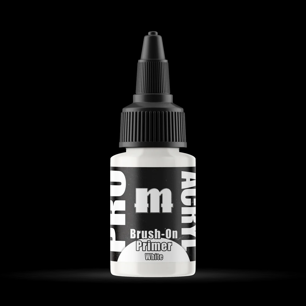 A 22ml bottle of Pro Acryl Brush-On White Primer, featuring a matte finish and designed for easy application with a brush, perfect for priming miniatures