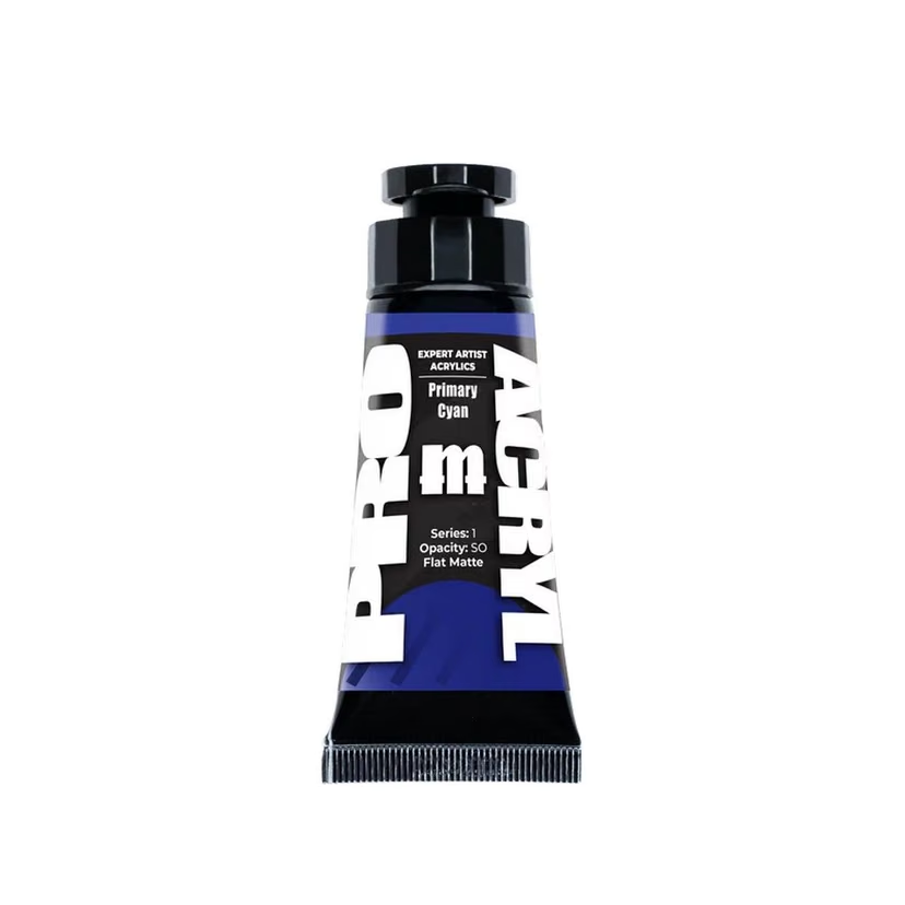 A tube of acrylic paint with a black cap and a blue, white, and black label, shown against a plain white background. Pro Acryl Expert Acrylics Primary Cyan 30ml Series 1 Artist Acrylic Paint Tube