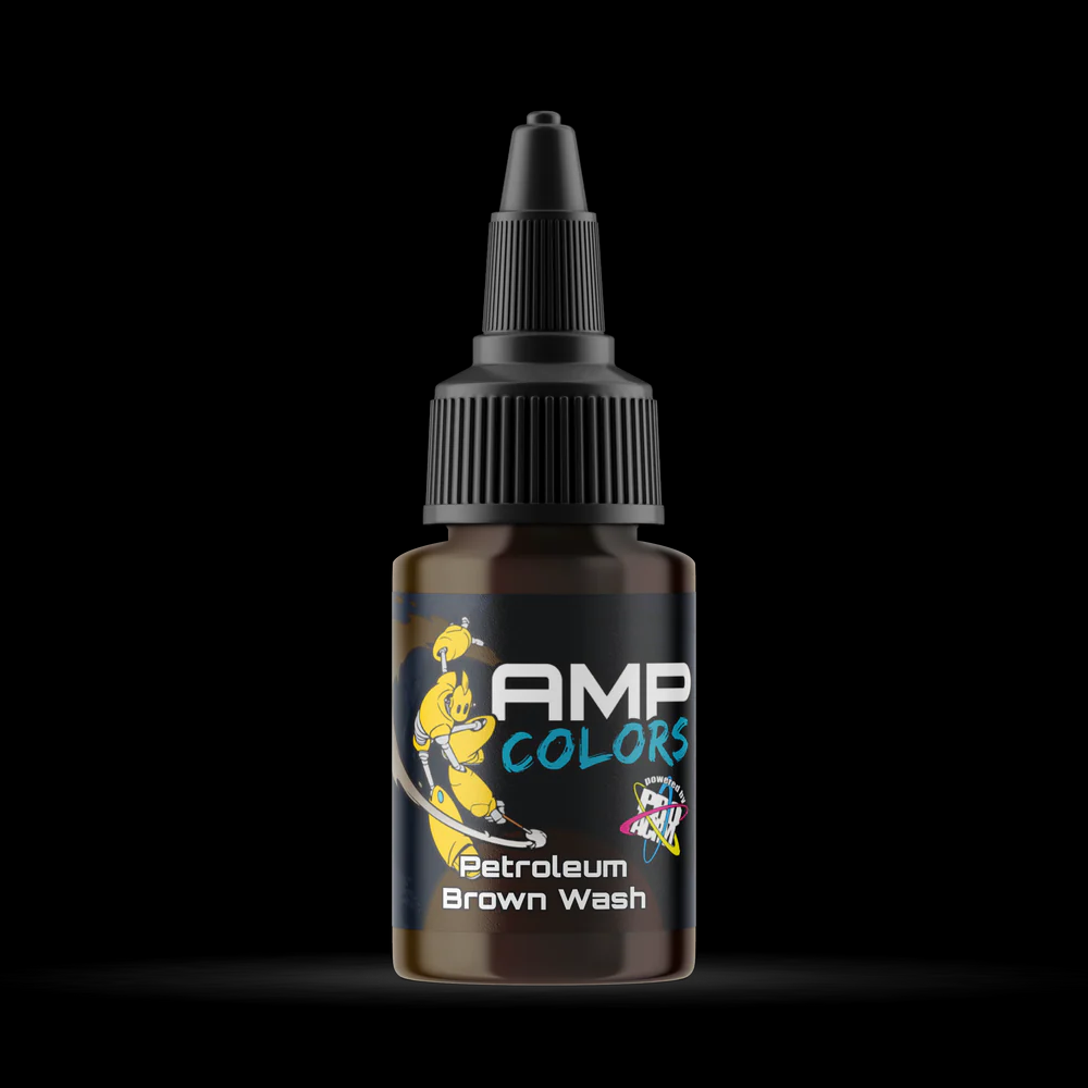 A 22ml bottle of Pro Acryl Petroleum Brown Wash, featuring a no-clog cap and a glass agitator for mixing, designed for hobbyists and miniature painters to achieve smooth pigment transitions.
