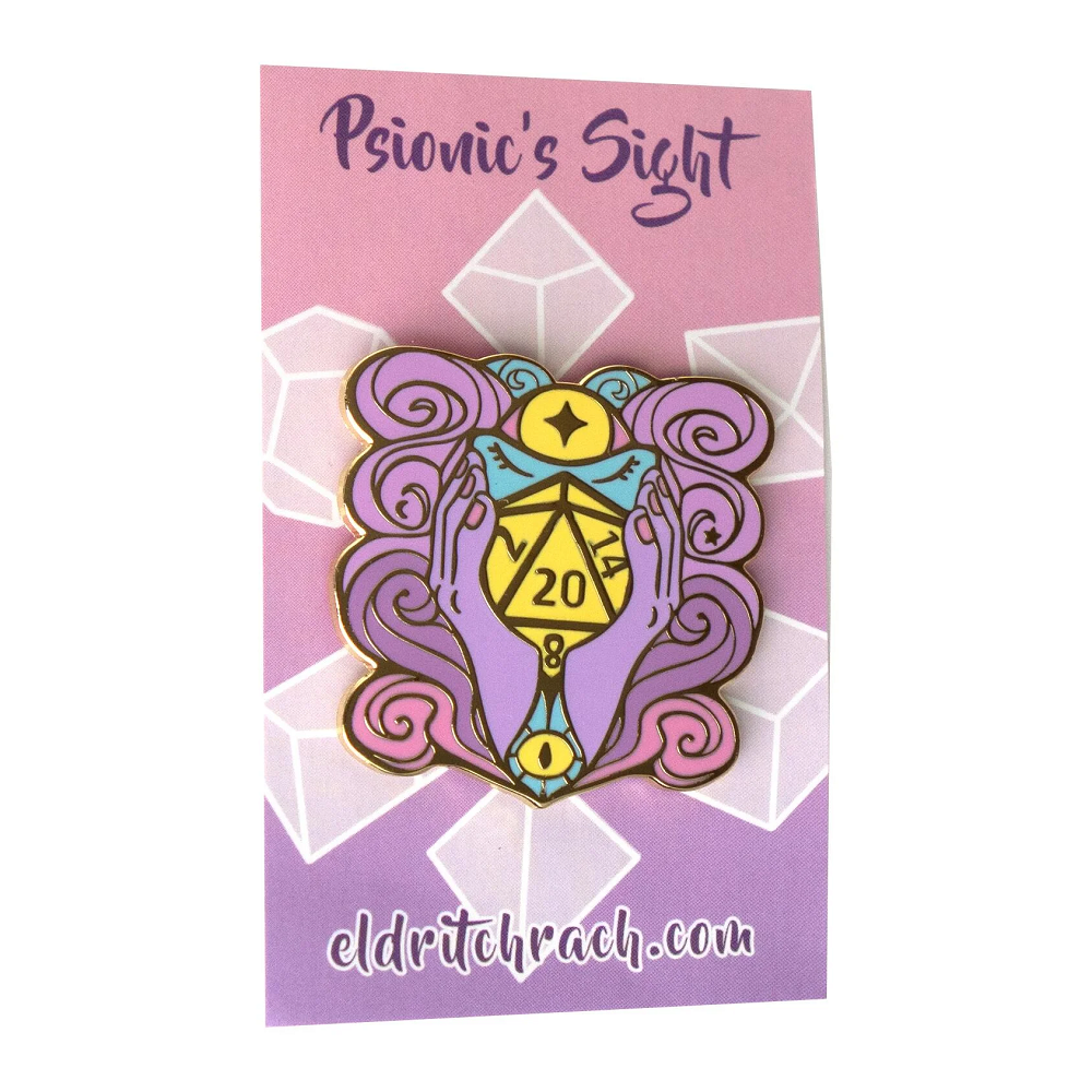 Enamel pin badge titled Psionic Sight, showing purple hands holding a gold D20 die with a star and an eye in its mystical design. Includes a backing card.