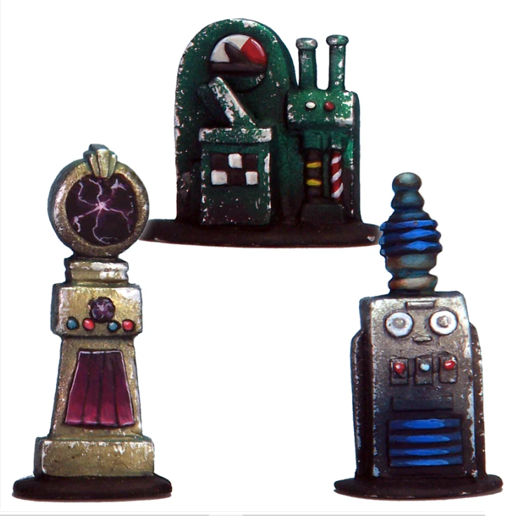 Pulp Lab Equipment by Crooked Dice, a pack of three white metal miniatures for your tabletop games representing science fiction scenery for your game or laboratory diorama needs