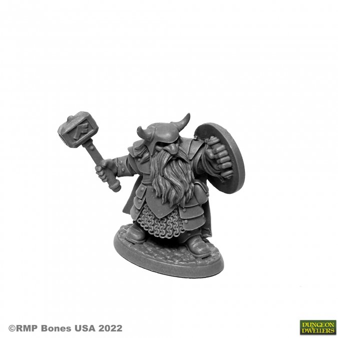 Reaper Borin Ironbrow dwarf fighter Bones USA Dungeon Dwellers 25mm heroic scale miniature. Gray miniature figure of a warrior with armour and a weapon on a white background