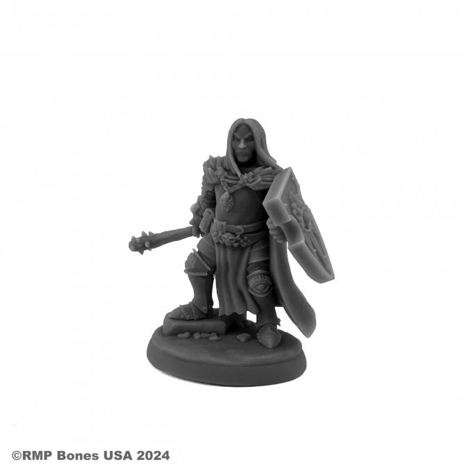 Reaper Miniatures 07207 Ascarleth, Evil Cleric. malevolent figure features long flowing hair, sinister facial features, and a commanding stance. Armed with a club in one hand and a shield in the other
