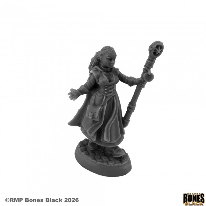Minature figure of a character holding a staff on a white background, with 'Rampart Games' branding. 44272 Lashana Larkmoor, Wizard