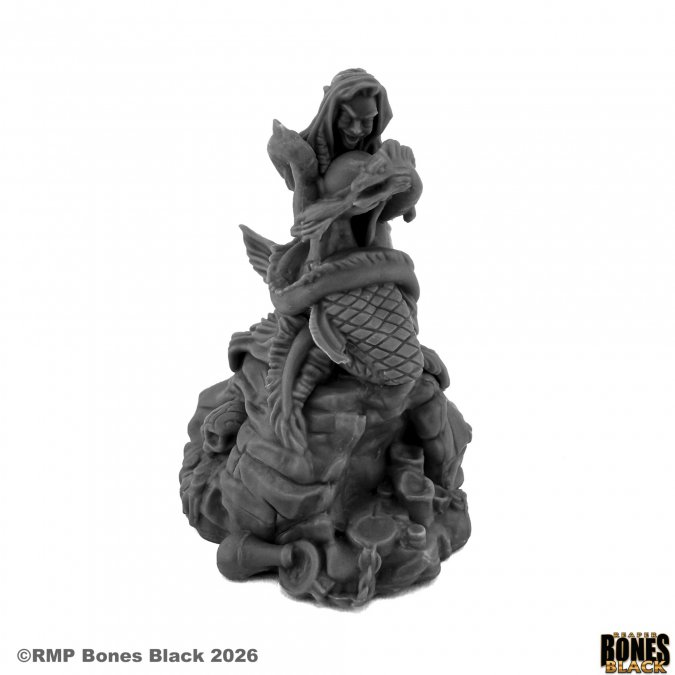 Gray figurine of a hooded figure with wings and chains on a white background, featuring 'RMP Bones Black' branding. Reaper Miniatures Pirate Shrine to Maersuluth