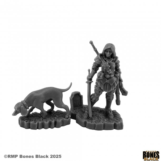 Reaper Miniatures Catalina and Hugo Female Ranger with Hound Bones Black 25mm heroic scale unpainted miniature with sword and dog