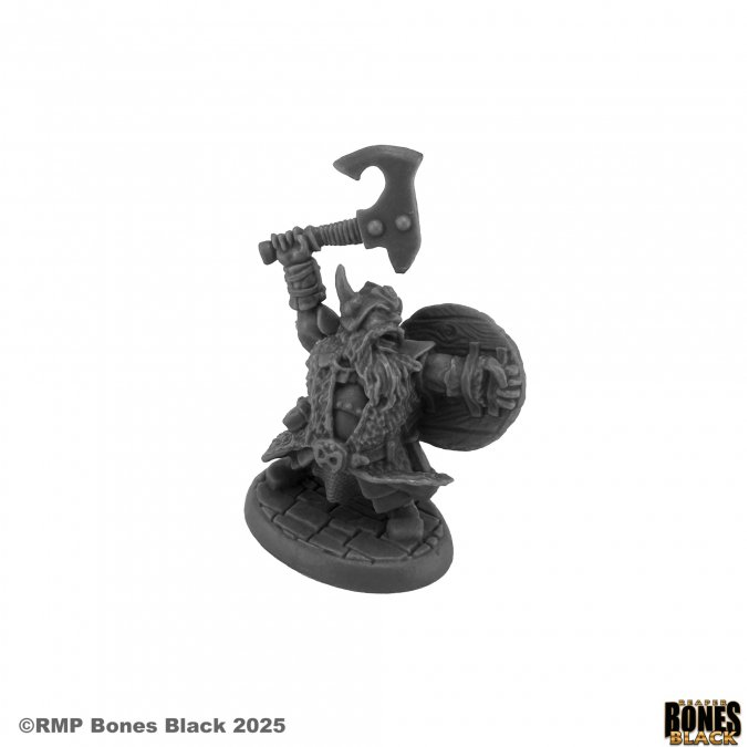 Reaper Miniatures Dhulrekk Thulfinson Rune Warrior Dwarf Fighter Bones Black 25mm heroic scale unpainted miniature with rune weapon and detailed armour