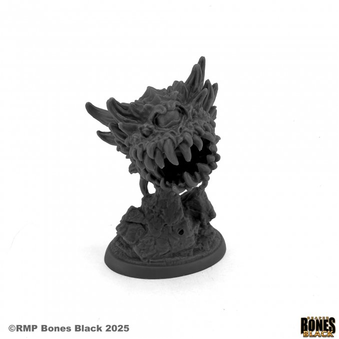Gray fantasy figurine on a white background with 'Rampart Games' branding. Reaper Miniatures Driftlurker Bones Black 25mm heroic scale unpainted one eyed floating monster miniature