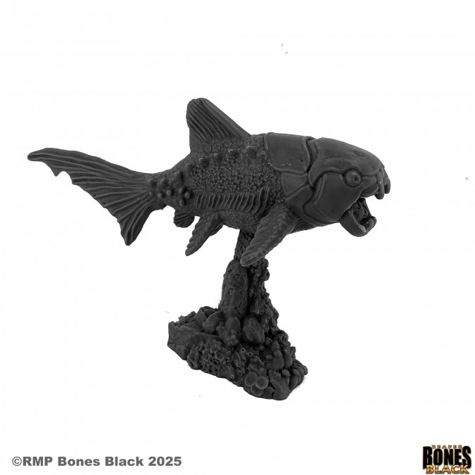 Black fish-like figurine on a white background with 'Rampart Games' branding. Reaper Miniatures Dunkelosteus Bones Black 25mm heroic scale unpainted miniature