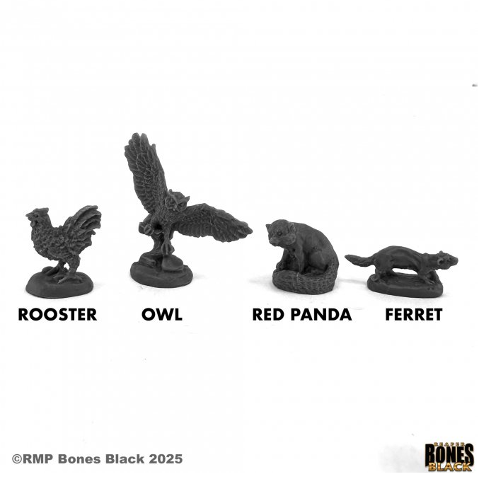 Reaper Miniatures Familiars (4) Bones Black 25mm heroic scale unpainted rooster owl ferret red panda miniatures