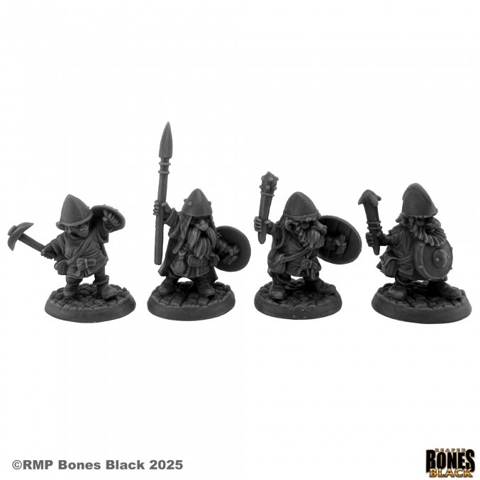 Reaper Miniatures Gnome Warriors (4) Bones Black 25mm heroic scale unpainted miniatures with shields and weapons