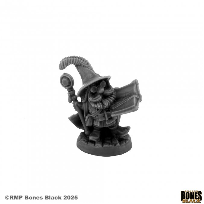Reaper Miniatures Hegwick Bombino Gnome Wizard Bones Black 25mm heroic scale unpainted miniature with book staff hat and glasses
