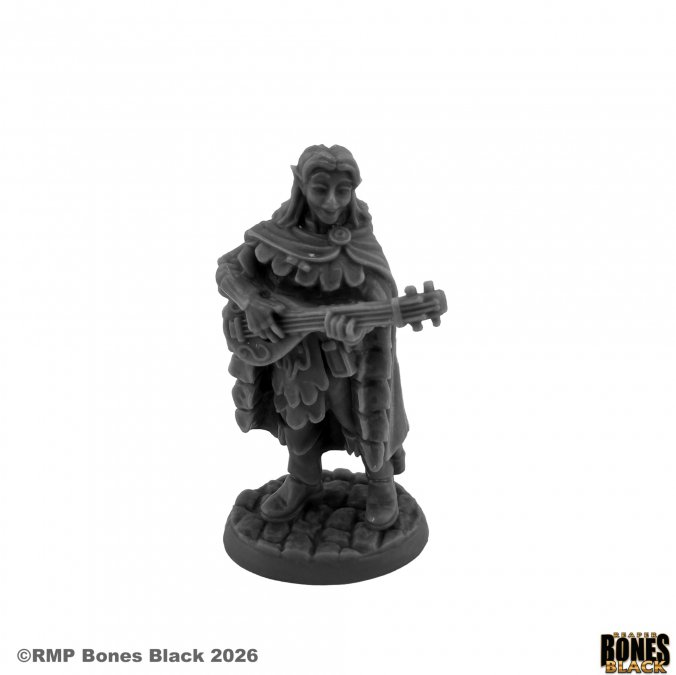 A dark grey unpainted tabletop gaming miniature of a fantasy figure playing a lute, shown on a plain white background with RPDB and RMP Bones Black branding. Reaper Miniatures Liriel Silverlocks, Elf Bard