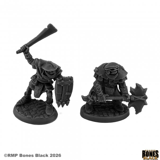 Two miniature figures with weapons on a white background, featuring 'Rampart Games' branding. Reaper Miniatures Orc Flayer and Axeman