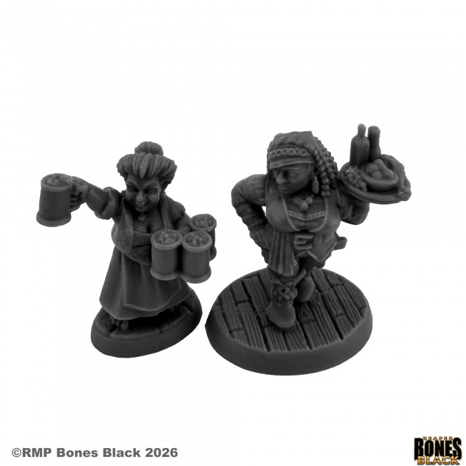 Two black figurines on a white background with 'Rampart Games' branding. Reaper Rose and Zinnia, Barmaids