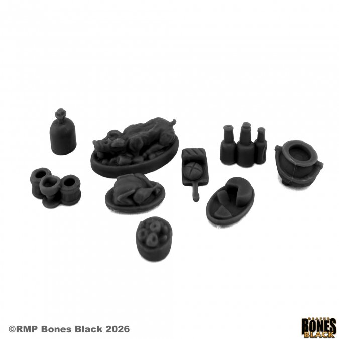 Collection of black miniature game pieces on a white background with 'Rampart Games' branding. Reaper Miniatures Tavern and Banquet Items