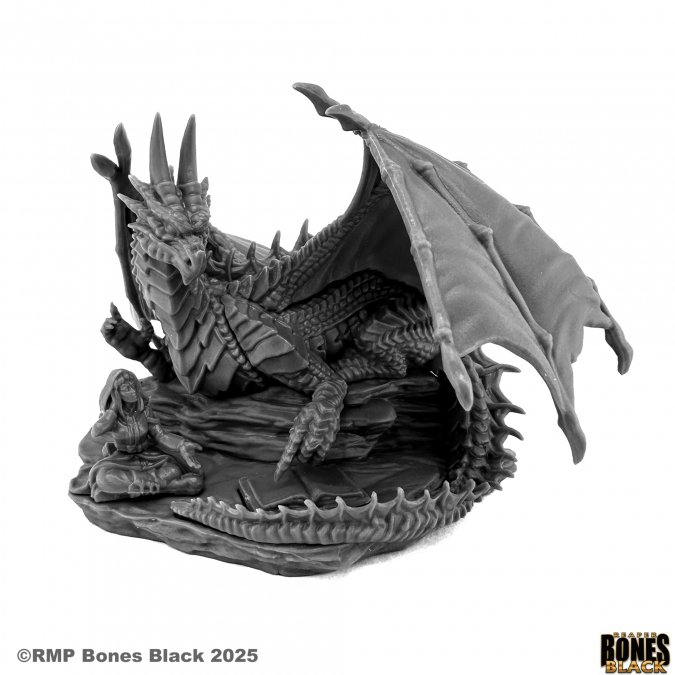 Dragon figurine on a white background with 'Rampart Games' branding. Reaper Miniatures The Apprentice Bones Black 25mm heroic scale multipart unpainted miniature dragon and seated female human