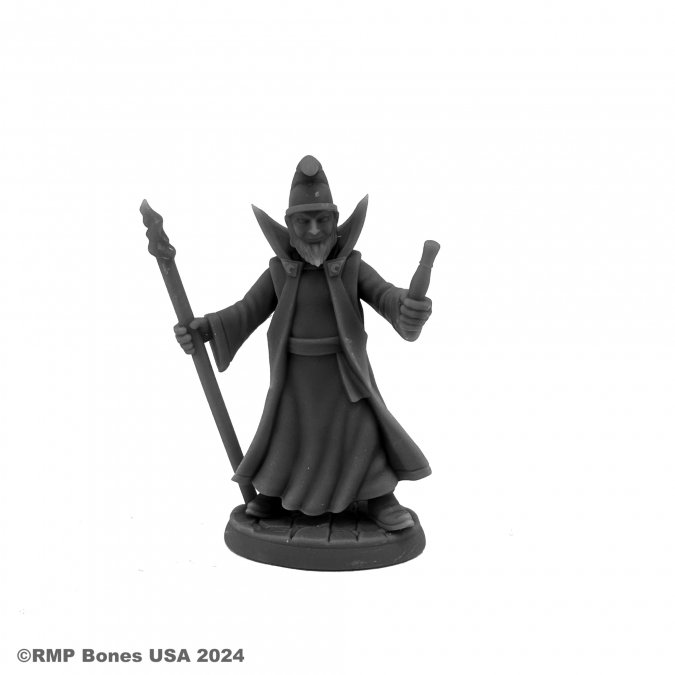 Reaper miniatures 07149 Burnardo, Heroic Wizard. Black and white figurine of a wizard holding staffs on a white background