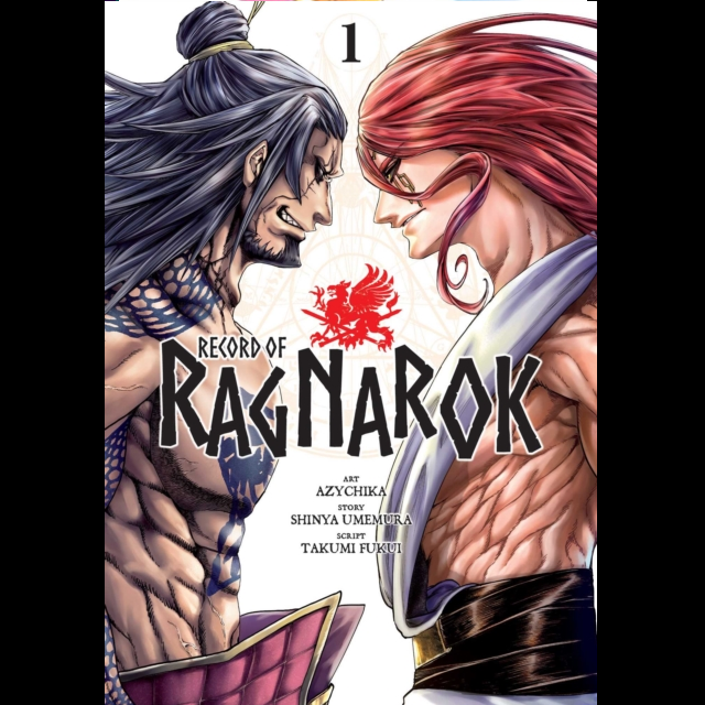 Record of Ragnarok Vol. 1. two manga characters facing each other ready to fight. both shirtless, one has black hair and the other red