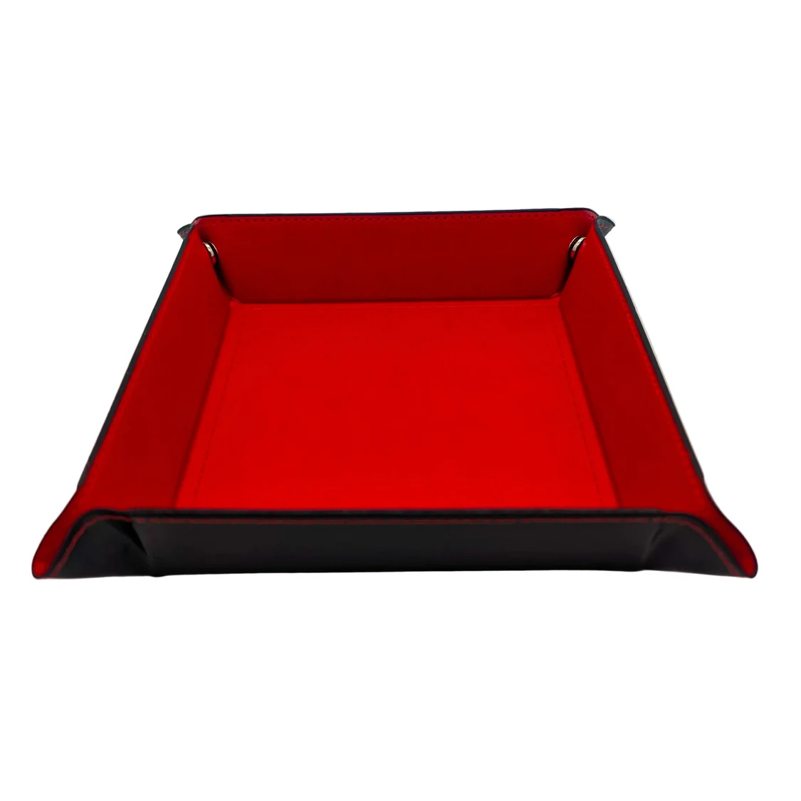 Red and black tray on a white background. Red Square Dice Tray with Press Stud Corners
