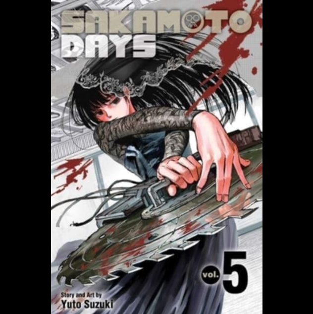 Manga book cover titled 'Sakamoto Days' with a character holding a gun and bloodstains. Sakamoto Days Volume 5 manga paperback by Yuto Suzuki Shonen Jump casino battle triad arc cover art