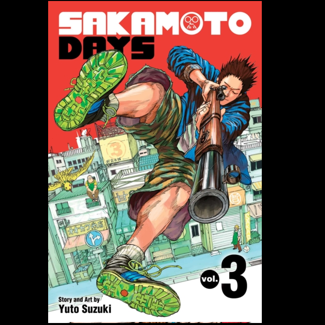 Sakamoto Days, Vol. 3 – Action-Comedy Manga by Yuto Suzuki. Comic book cover of 'Sakamoto Days' with a character holding a gun and another person's foot on a red background.