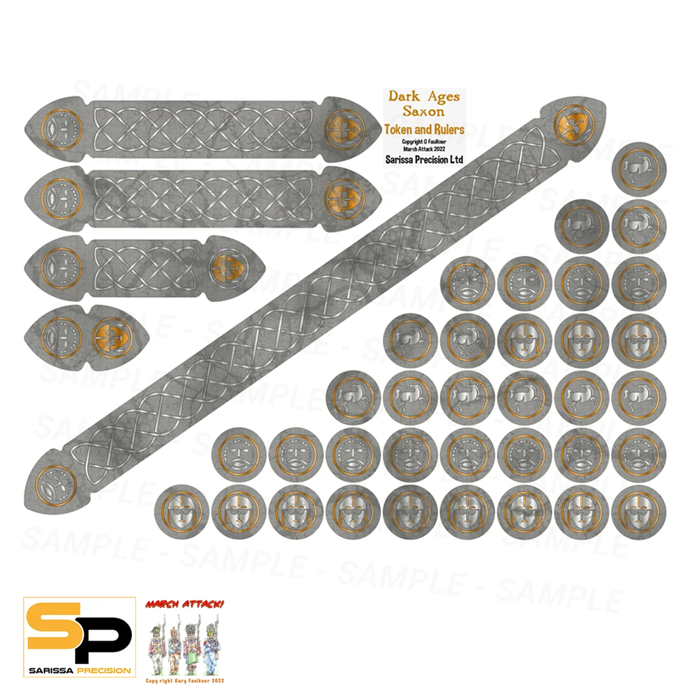 A set of silver-grey metal token and ruler components for a tabletop wargame, featuring a long diagonal sword-like piece with a diamond pattern, three shorter matching pieces, several oval end caps, and multiple circular coins or medallions with gold accents. The text 'Dark Ages Saxon Tokens and Rulers' and 'Samirsa Precision L. Sarissa Precision SAGA Dark Ages Saxon Token and Ruler Set full colour MDF