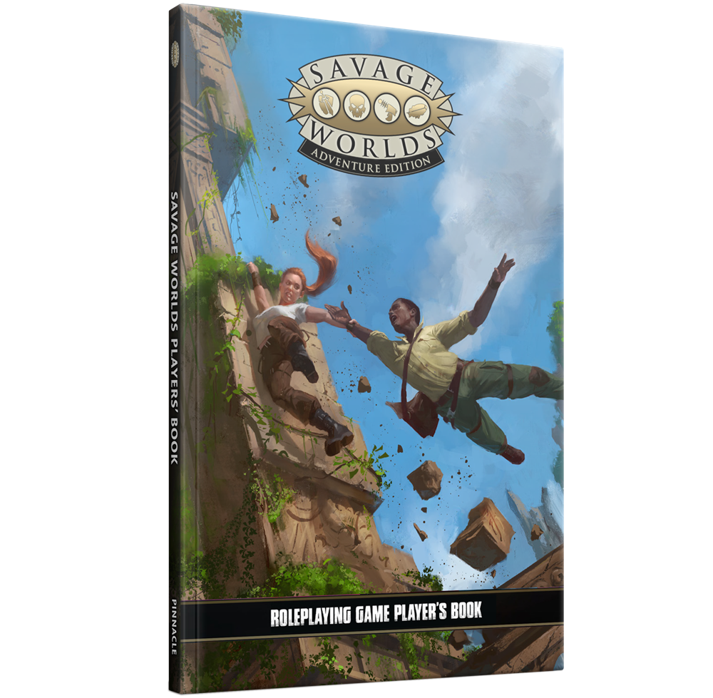 Savage Worlds roleplaying game player's book cover with two characters and a statue. Savage Worlds Adventure Edition Player Book core rulebook for tabletop RPG
