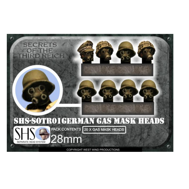 Secrets of the Third Reich German Gas Mask Heads B - 20 metal heads for 28mm scale miniatures. Ideal for kit bashing and customization